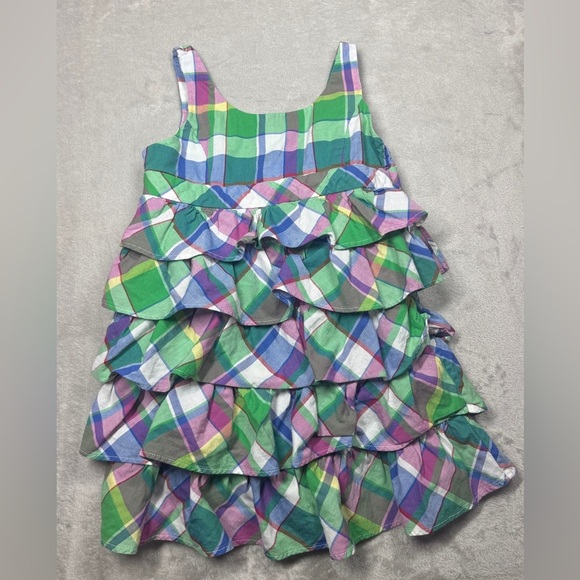 Ralph Lauren Girls Cotton Plaid Ruffle Sleeveless Purple Green Pink Dress 4T - Picture 1 of 14